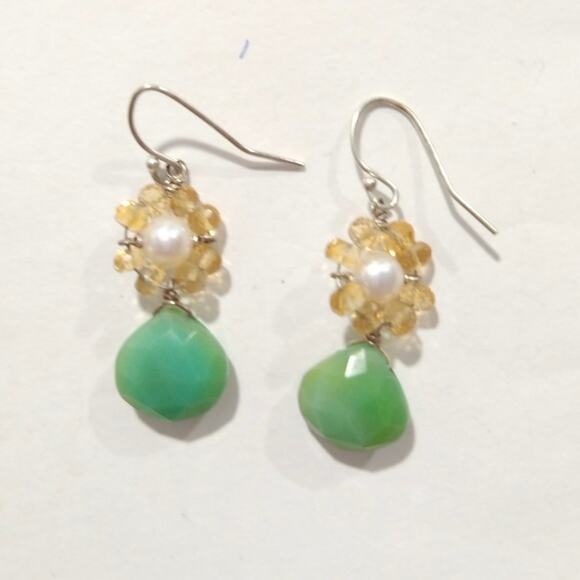 925 Sterling Silver Chrysoprase Dangle Drop Earrings Pearl Beaded Citrine Hook - Picture 5 of 8